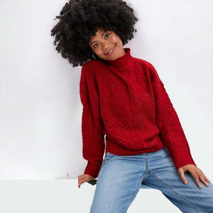 AE 90s Soft & Cozy Mixed Stitch Mock Neck Oversized Sweater NWT S Holiday Red